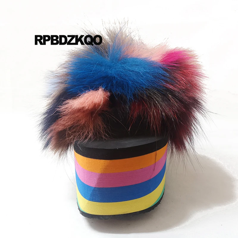 ВПП высокий каблук Flatform радуга открытый носок пушистый насосы с мехом обувь