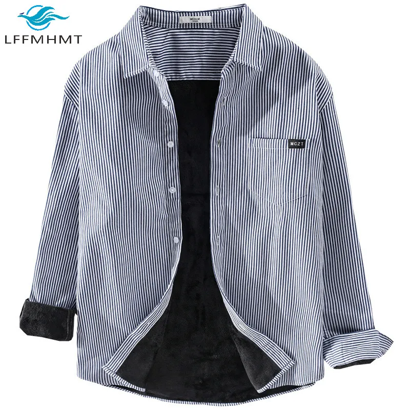 

men winter fall new fashion japan style striped classical warm thick fleece shirts male long sleeve casual slim fit flannel tops