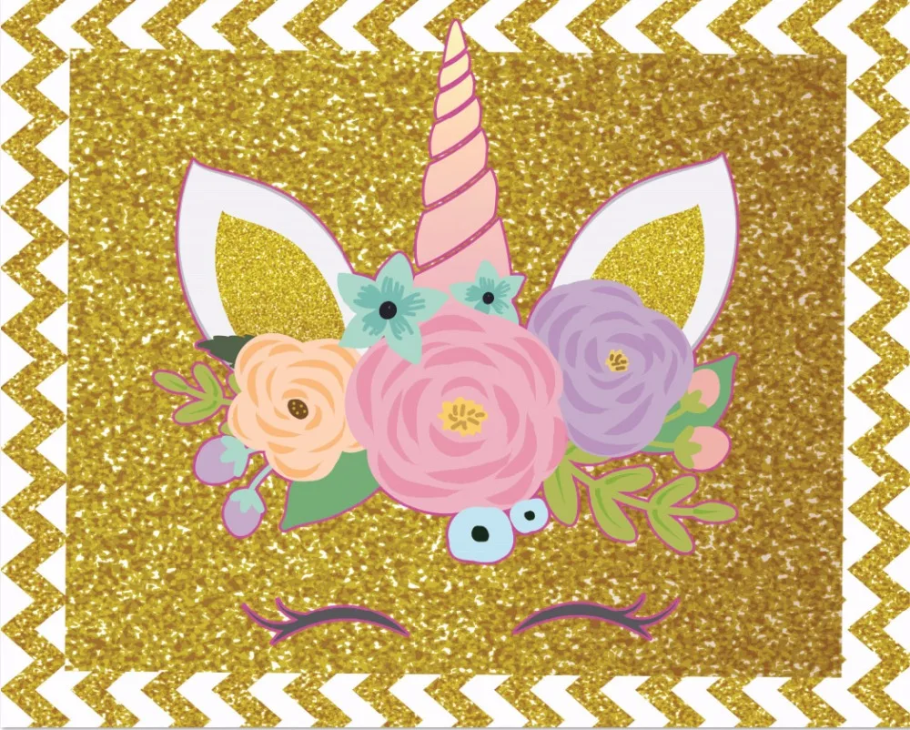 7x5FT Золотая рамка зигзагообразный профиль стена золото Единорог Рог цветы