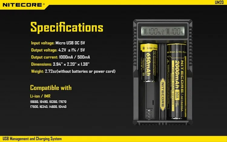 Nitecore UM20 умное зарядное устройство ЖК-дисплей зарядное устройство Универсальный зарядное устройство Nitecore с usb-кабелями 18650 16340 14500