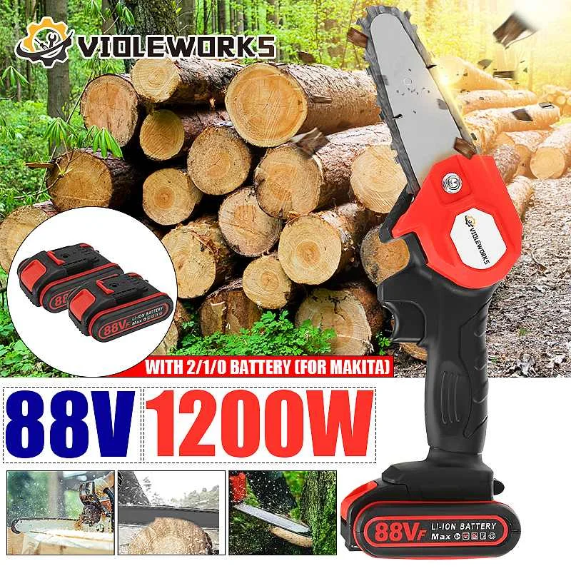 

1200W 6 Inch 88VF Mini Electric Chain Saw With Rechargeable Battery Woodworking Pruning One-handed Garden Logging Power Tool