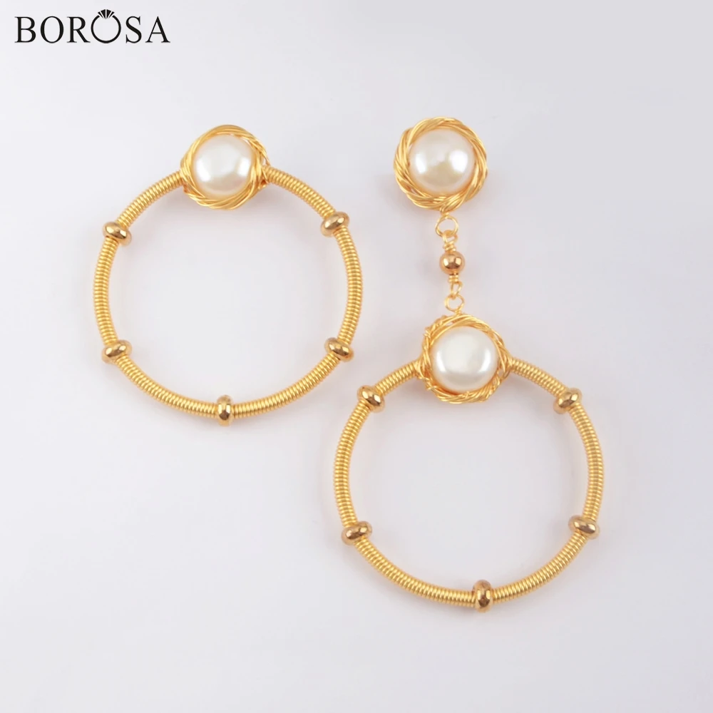 BOROSA 2/3 пары круглые ассиметричные пресноводные жемчужные висячие серьги в золотистой проволоке геометрические серьги с натуральным жемчугом WX1212