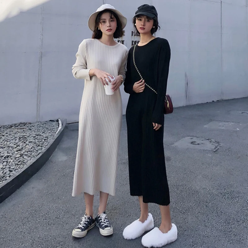 

Autumn 2020 New Long Sleeve Dress Black Knitted Sweater Long Skirt