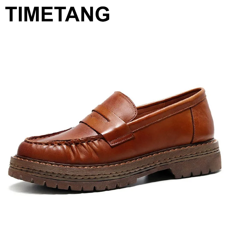 

TIMETANGWomen Spring Mules Genuine Leather Designer Luxury Ladies Heel Penny Loafers Girls Autumn Heels Moccasin Shoes for Woman