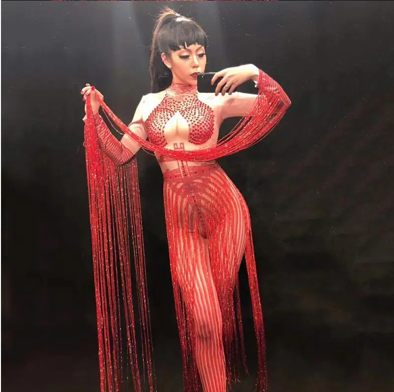 

Sexy Jazz Jumpsuits Red Tassel Outfit Female Costumes Performance DJ Show Leotard Singer Dance Nightclub Stage Bar Star Bodysuit