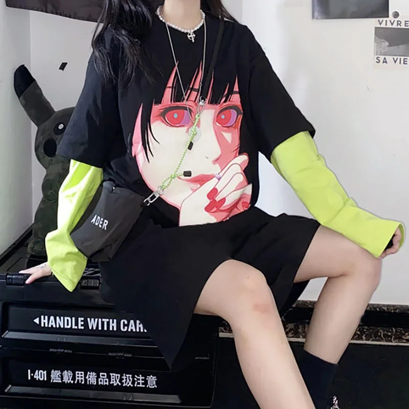 

MINGLIUSILI Anime Print Vintage T Shirt Fashion Summer Graphic T Shirts Women 2021 Long Sleeve Gothic Streetwear Woman Tshirts