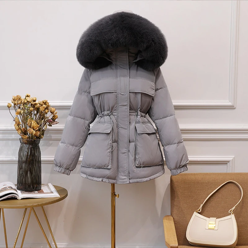 

Big Real Fur Collar 2021 New Winter Coat Women 90%White Duck Down Jacket Thick Warm Parka Hooded Loose Female Coat Snow Overcoat