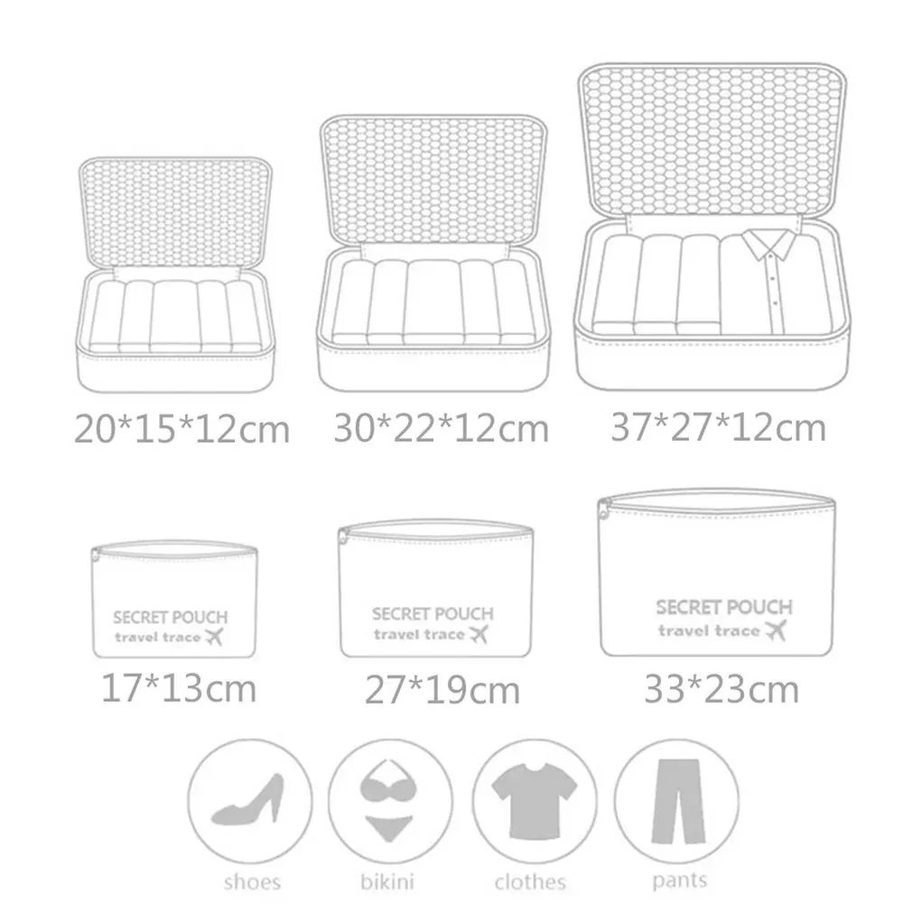 

6 Pcs/set Nylon Packing Cubes Set Travel Bag Organizer Large Capacity Travel Bags Hand Luggage Clothing Sorting First Aid kits