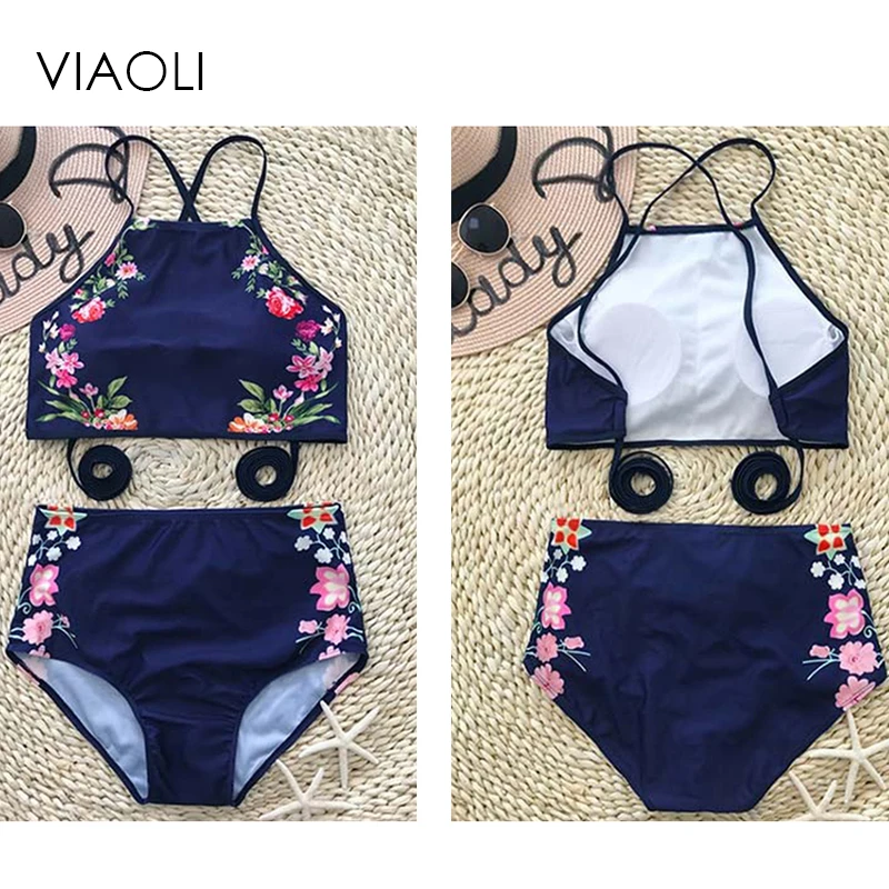 Новинка Бикини VIAOLI с высокой талией цветочным принтом темно синие танкини в