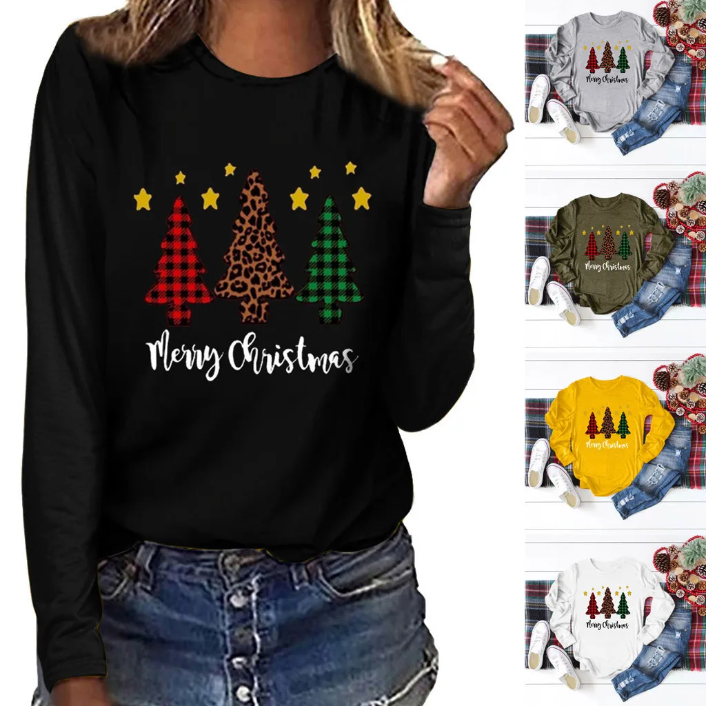 Рождественская женская футболка с длинным рукавом 2019 Мода Осень Зима размера