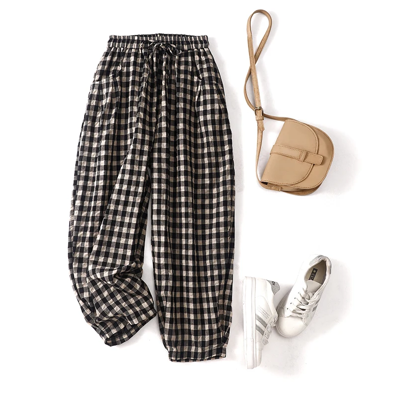 Брюки женские повседневные в клетку свободные укороченные штаны султанки из