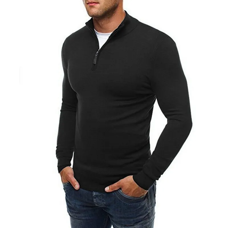 

2021 Casual Sweater Men's Solid Color Standing Collar Long Sleeve Sweater Zip Knit Sweater Men's Black Gray Navy Blue Pullovers