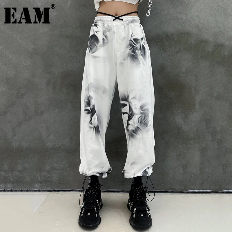 

[EAM] Black Casual Tie Dye Drawstring High Elastic Waist Trousers Loose Fit Pants Women Fashion Tide Spring Summer 2021 1DD9097