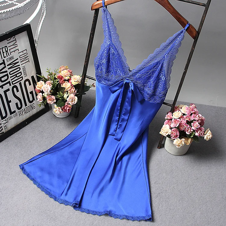 Women Sexy Silk Satin Night Gown Sleeveless Nightdress Lace Sleep Dress V-neck Nighties Shirt Fashion Sleepwear Nightwear | Женская
