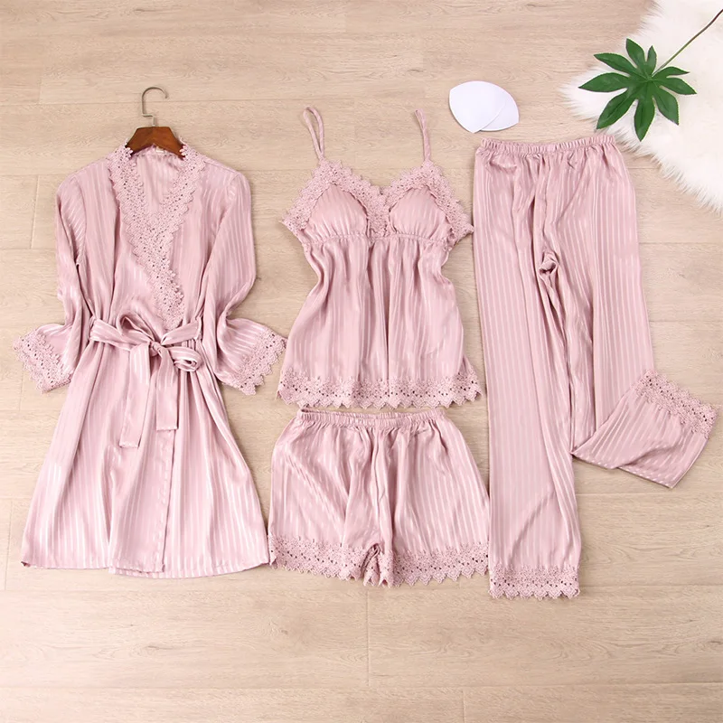 

New Fashion Nightwear For Women 4PCS Pajamas Set Silk Sleepwear Bathrobe Sexy Lingerie Lounge Casual Home