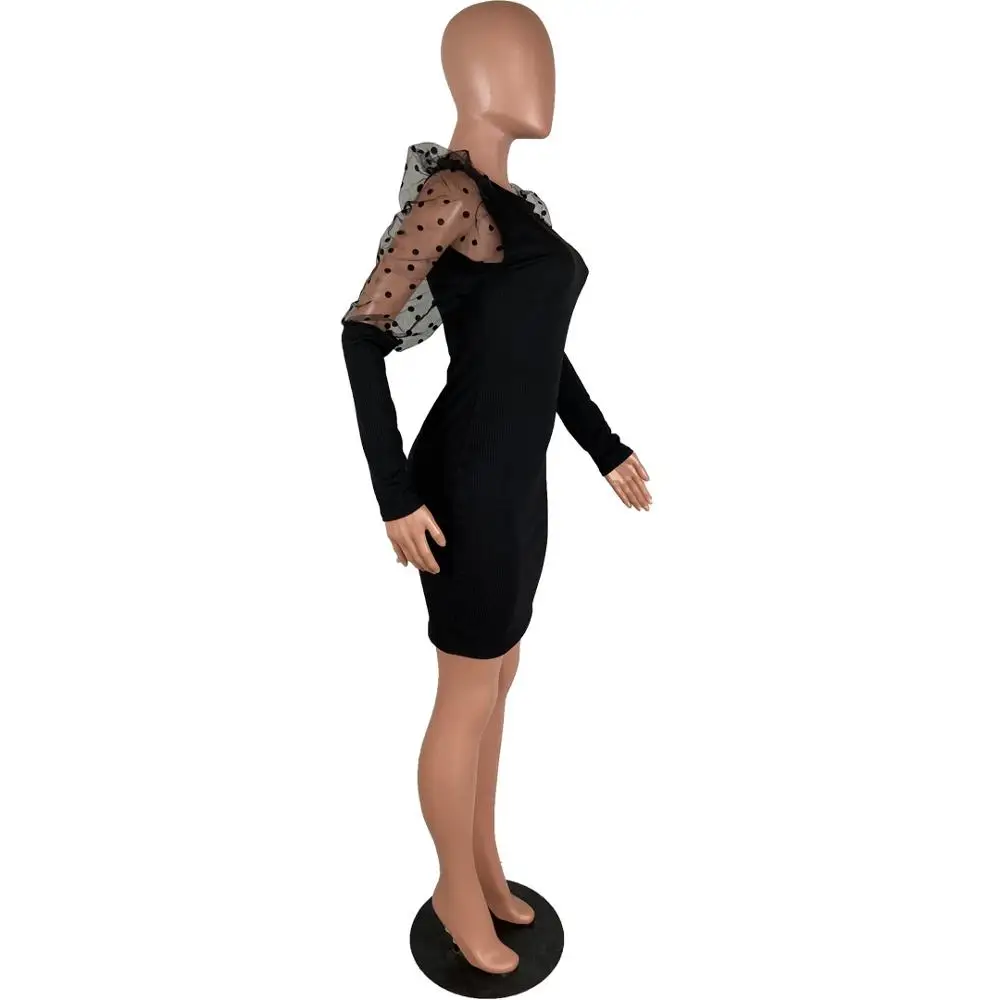 Wishyear/Сетчатое облегающее платье в горошек с пышными рукавами Женское вечернее