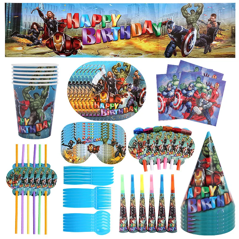 

The Avengers Theme Superhero Party Supplies Set Paper Cup Plate Tablecloth Balloon Birthday Decorations Baby Shower Kids Toy