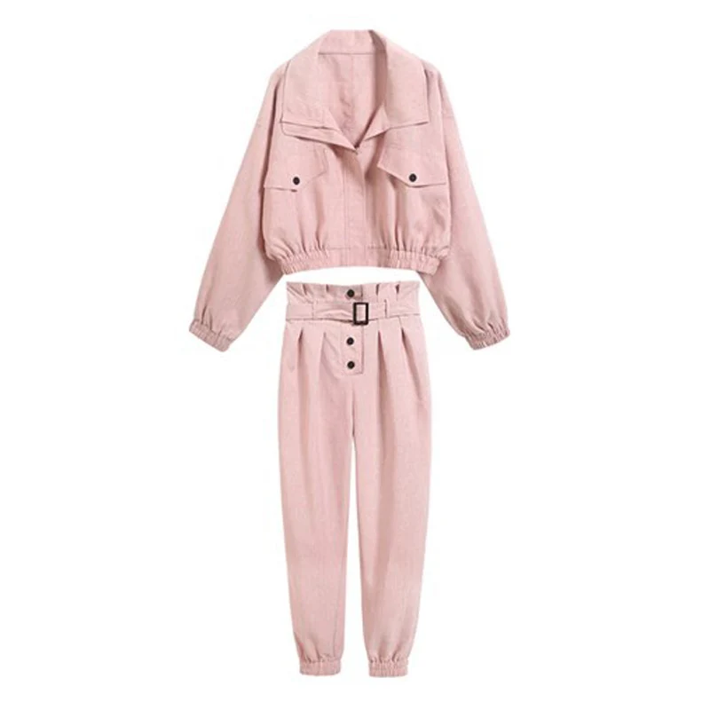 

PERHAPS U Women Long Sleeve Two Pieces Set Jacket Full Length Pants Solid Pink Sash Casual T0016