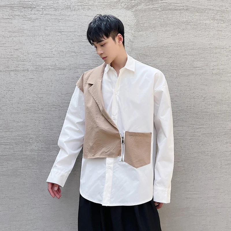 Men's Long-Sleeve Shirt Spring And Autumn New Style Personality Stitching False Two Korean Fashion Youth Popular Large Size Shir
