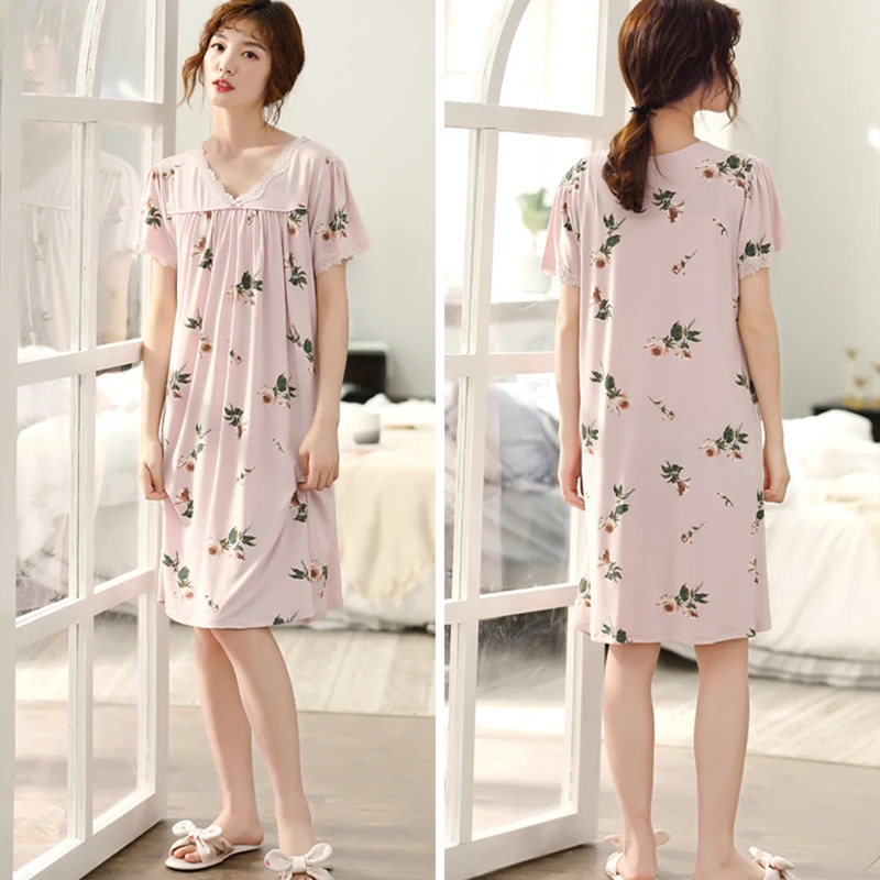 

Summer Skirt Nightdress Women Modal Short Women's Home Dresses Sleeve Lace Stitching V-neck Skirt Sweet Sexy Ms. Home Wear