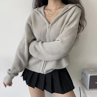 knitted hooded sweater cardigan coat women autumn gray y2k oversized long sleeve turtleneck basic jacket winter top clothes 2021