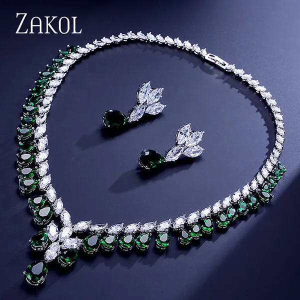Green Новинка от бренда ZAKOL, серьги в виде капли воды с кубическим цирконием и ожерелье, ювелирный набор, роскошный свадебный ужин, платье по заводской цене, FSSP306 - Окраска металла: Green