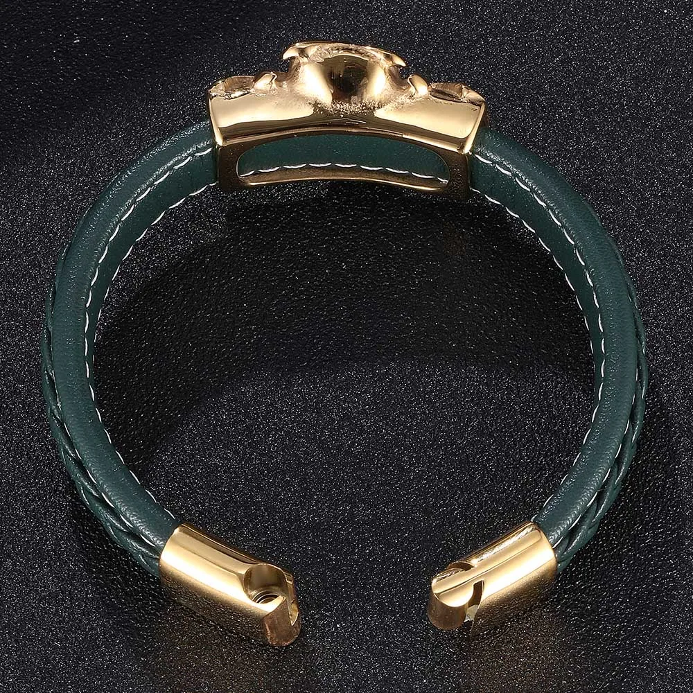 

Trendy Men Bracelet Green Leather Gold Color Owl Stainless Steel Simple Bracelets Punk Cuff Man Jewelry Gifts BB0921