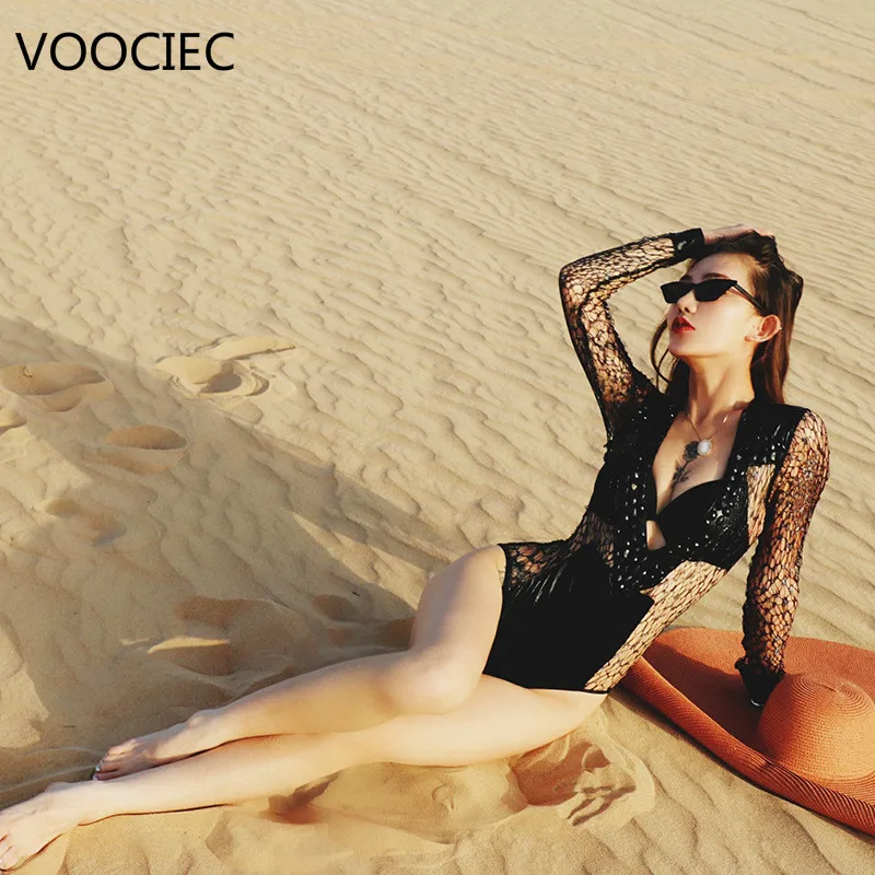 

Кружевное бикини VOOCIEC, 2020, кружевной купальный костюм с высокой талией, комплект бикини, сексуальные однотонные бикини, женская одежда для п...