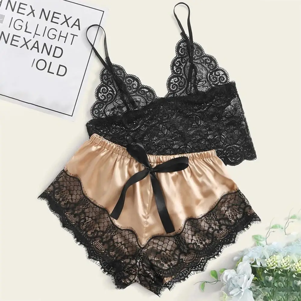 

2020 New Female Underwear Lace Satin Sleeveless Cami Sleepwear Sexy Lingerie Costume For Women