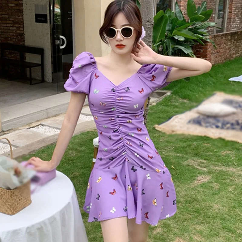 

Female Summer Dress Retro Butterfly Print Waist Folds Dress Puff Sleeve Cute Young Short Skirt Women Dress Plus Size 2021Fashion