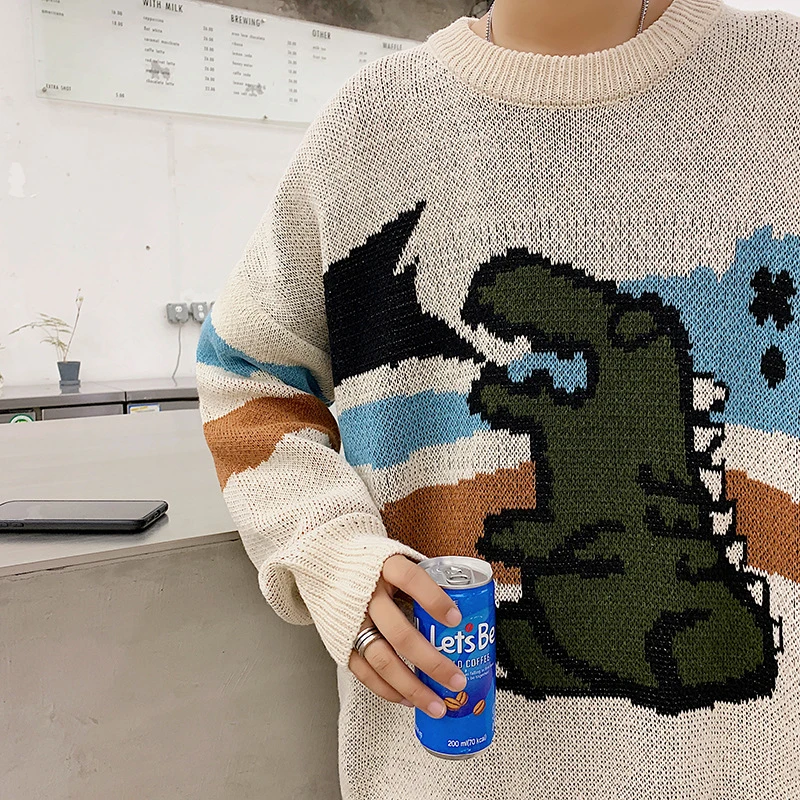 New Men Clothes Casual korean Style off white Cartoon Animal Pattern O-Neck couple Christmas student knitted sweater pullovers | Мужская