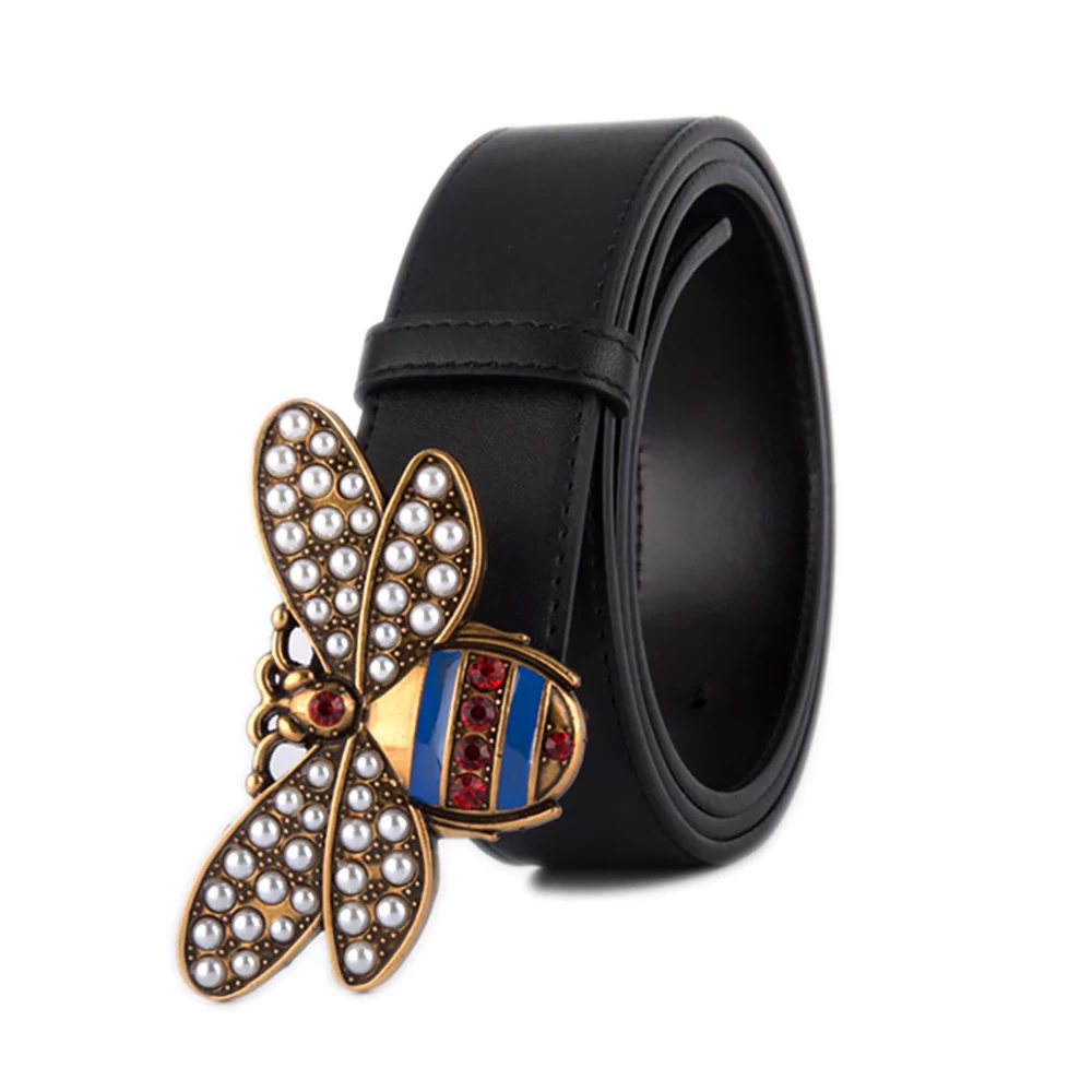 

Famous Designer Brand Cowhide Bee Buckle Belt Men High Quality Women Genuine Real Leather Dress Strap for Jeans Black