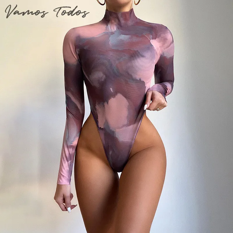

2021 Autumn Multi Color Print Bodysuit For Women Clothes Tie Dye O-Neck Long Sleeve One Piece Body Suit Sexy Bottoming Playsuit