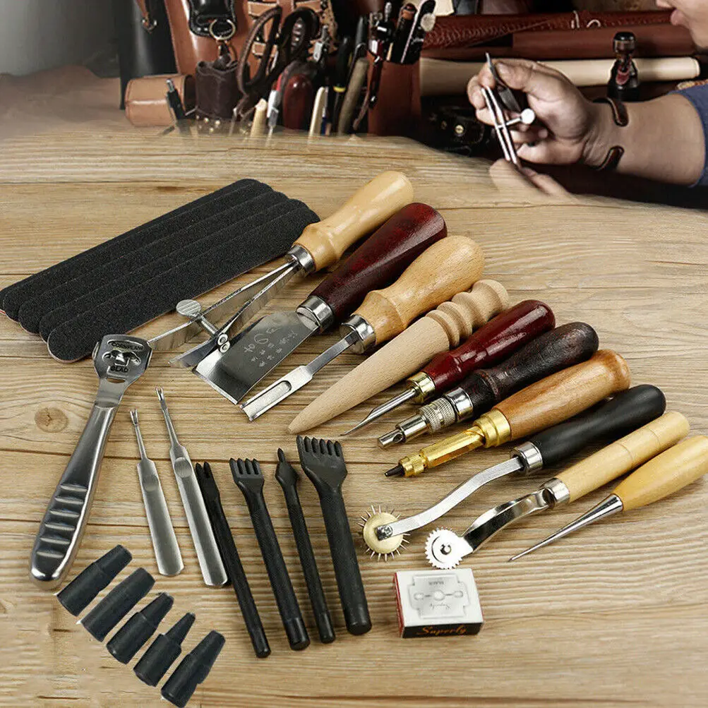 

18 Pcs Professional Leather craft Tool Kit DIY leather Sewing Stitching Punch Carving Work Saddle Leathercraft Accessories