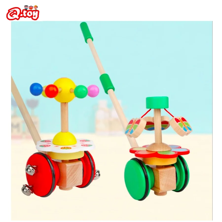 Wooden Walker Push Rod Toy Cartoon Rotating Roll Cart Learning Walk Guide Wood First Step Car Toddler Trolley Baby Birthday Gift