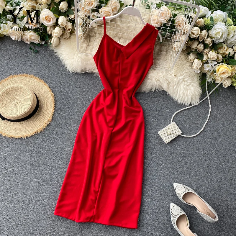 Женское облегающее платье YuooMuoo красное двубортное на одно плечо с отложным