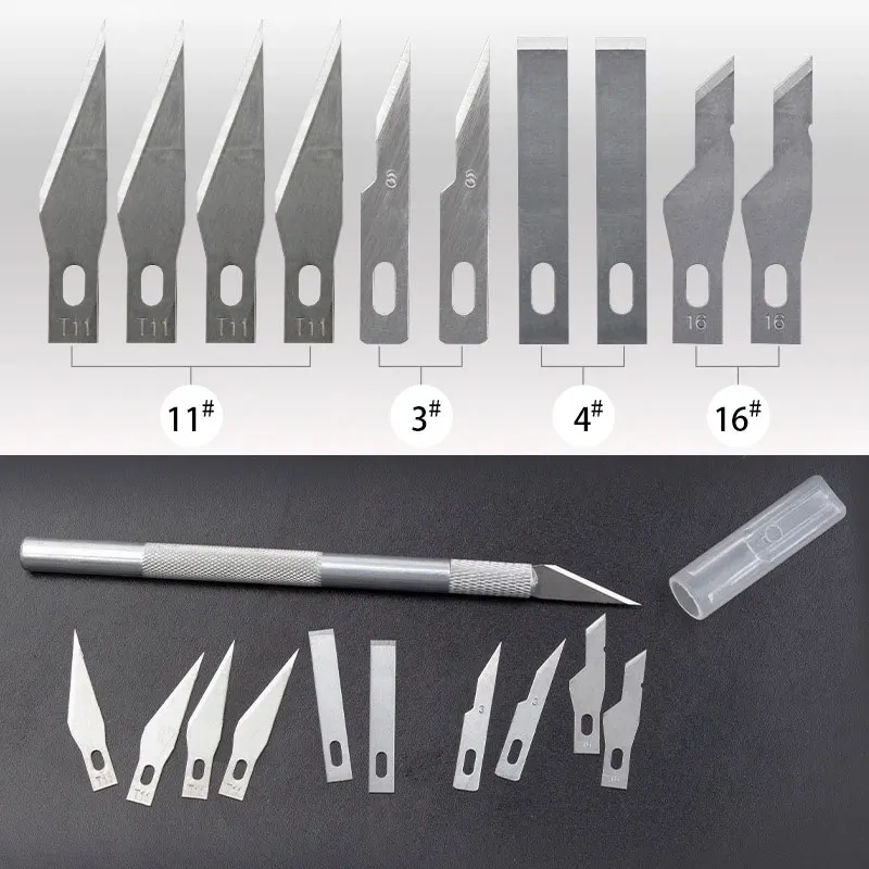 

Универсальный нож для творчества, 10 шт., лезвие #3 #4 #11 #16, набор резцов для бумажных наклеек, ручка, ножи, искусственная резьба, гравировка, ску...