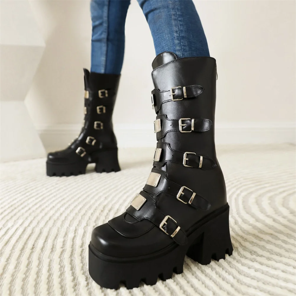 

2021 LapoLaka Female Motorcycle Boots Square Heel Round Toe Zip Super High Heel With Med Platform Mid-Calf Women Shoes