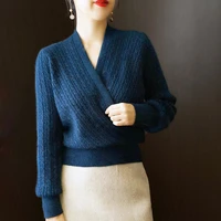 knit jacket jumper tops 2021 autumn winter blue fashion cross v neck long sleeve ol elegant sweater for women new arrival
