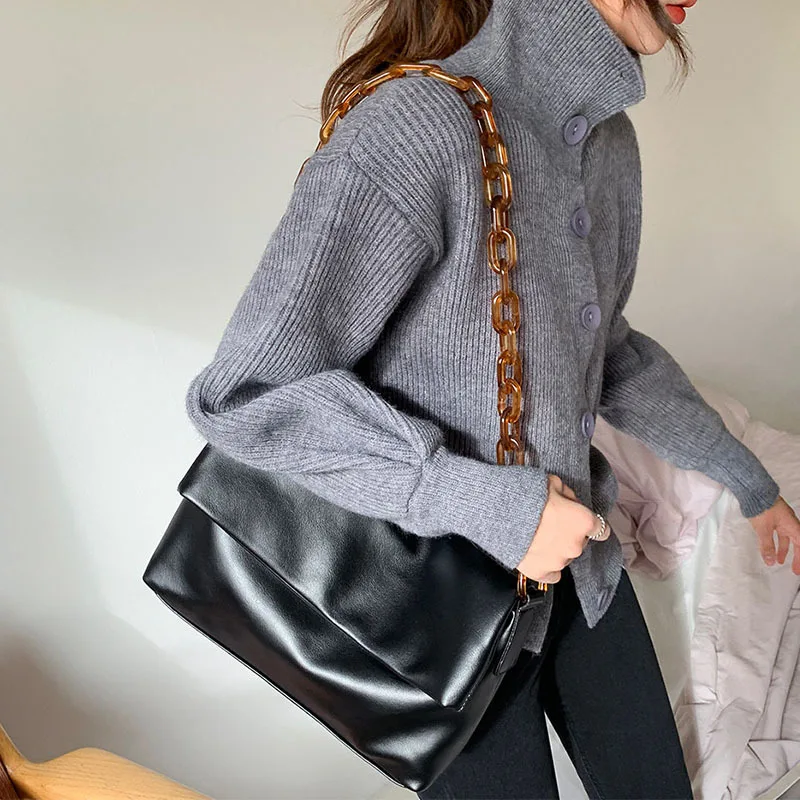 

Women Thick Chain PU Leather Shoulder Bags Acrylic One Shoulder Underarm Bag Wild Messenger Bag