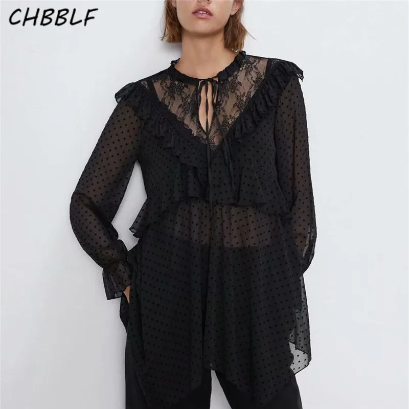 

CHBBLF women stylish black blouse long sleeve irregular shirt female casual polka dots see through tops blusas C9813