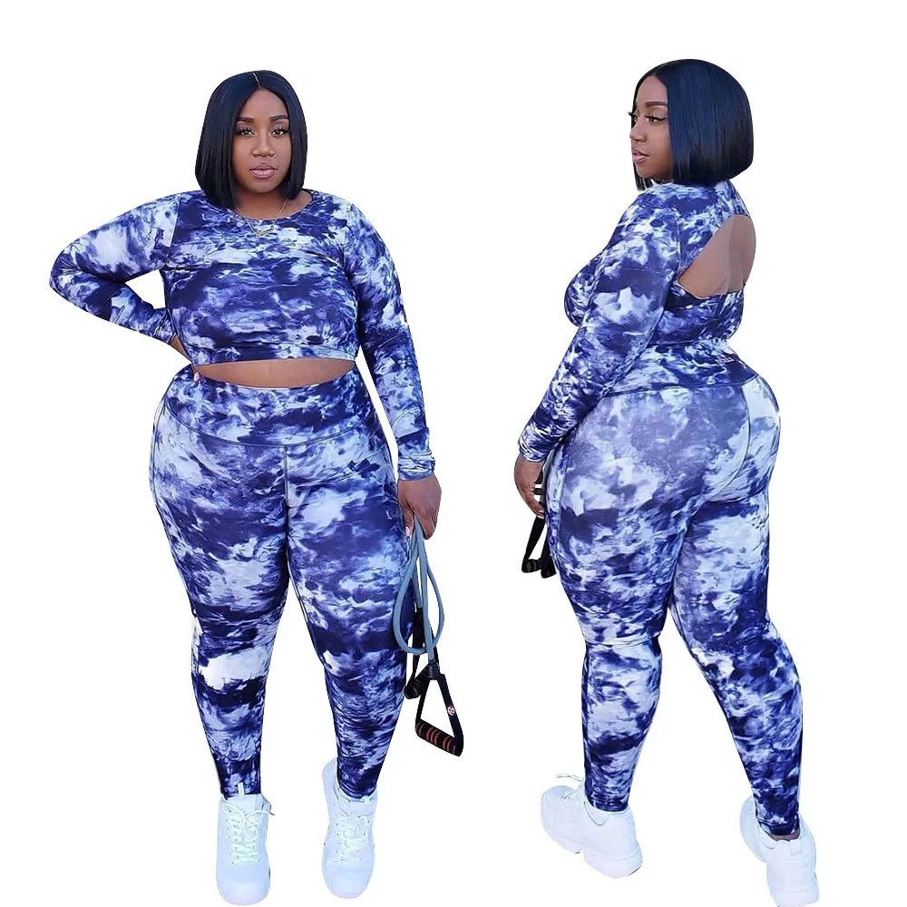 

Plus Size Women Clothing Sets Casual Tie Dye Printing Two Piece Sets O-neck Backless Pullover Tops Skinny Sport Pants Tracksuits