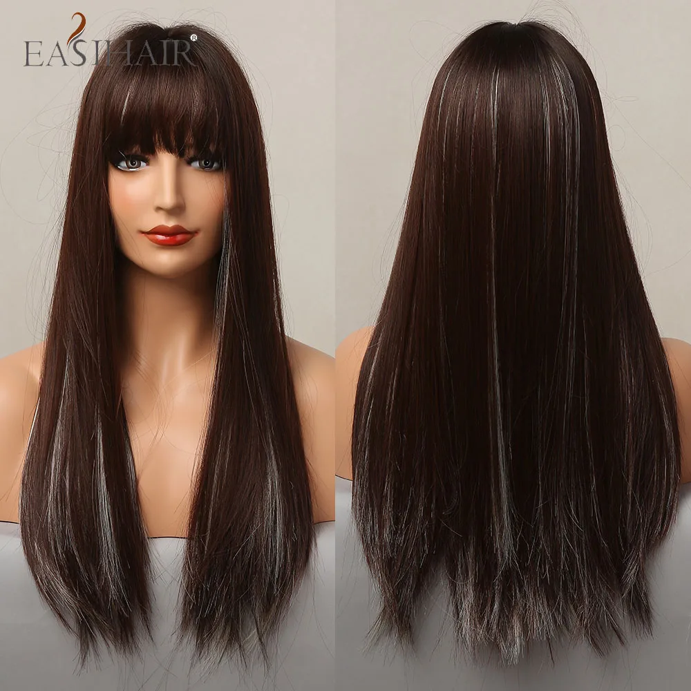 

EASIHAIR Synthetic Long Straight Black Brown Blonde Highlight Wigs with Full Bangs Heat Resistant Hair Wigs for Black Women