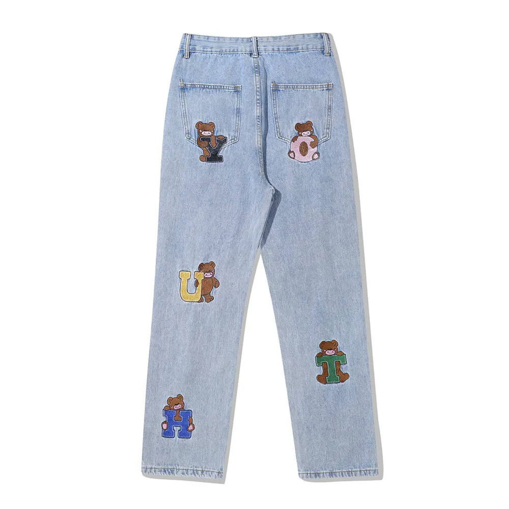2021 Korean Fashion Cartoon Bear Embroidery Stylish Men Vintage Jeans Trousers Hip Hop Straight Women Wash Denim Pants For Teens