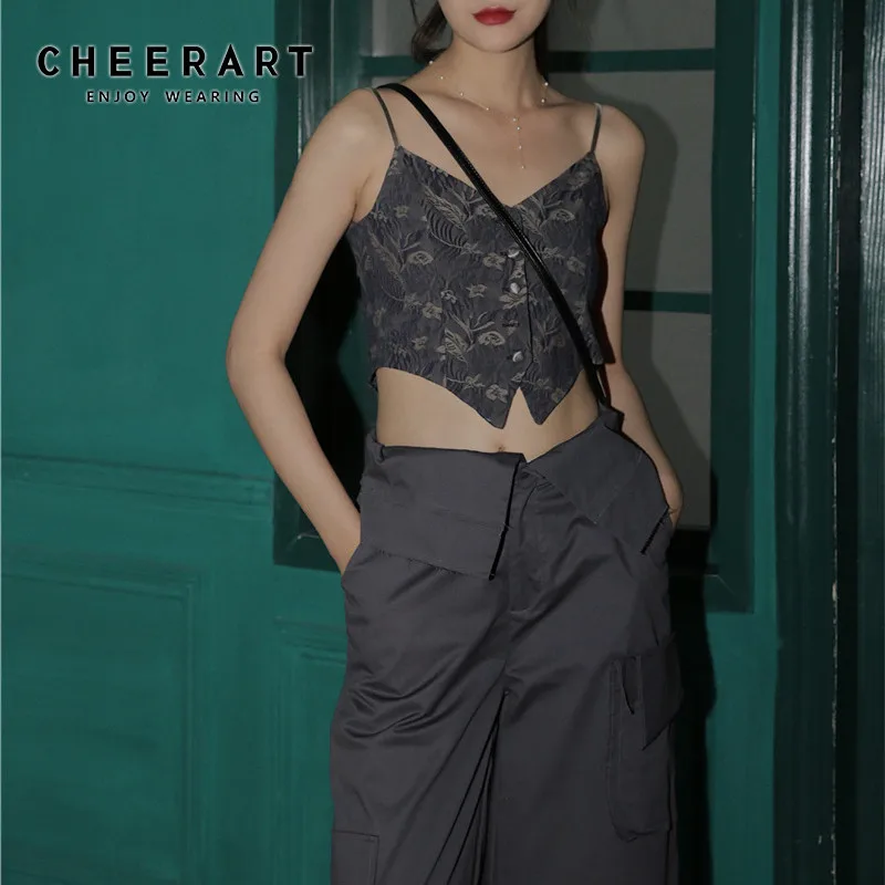 Женский винтажный топ на бретелях с V образным вырезом и пуговицами|Топы| |