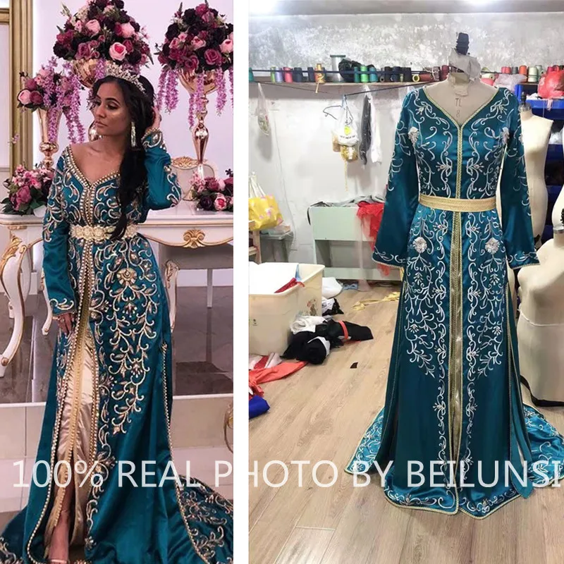 Fomal Moroccan Kaftan Caftan Muslim Evening Dresses A-line V-neck Long Sleeves Embroidery Dubai Arabic Turkey Abaya Islamic Gown