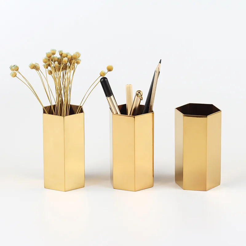 

Six-sided rhombus pen holder, six-sided golden vase, stainless steel metal table top decoration