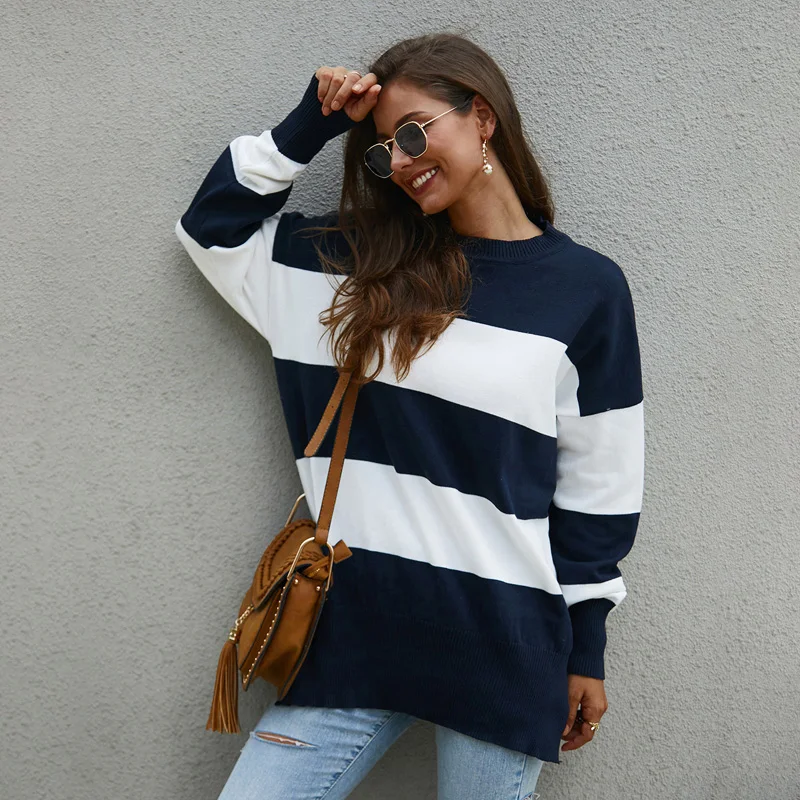 Новинка 2019 Осенний вязаный свитер Повседневный длинный рукав в полоску