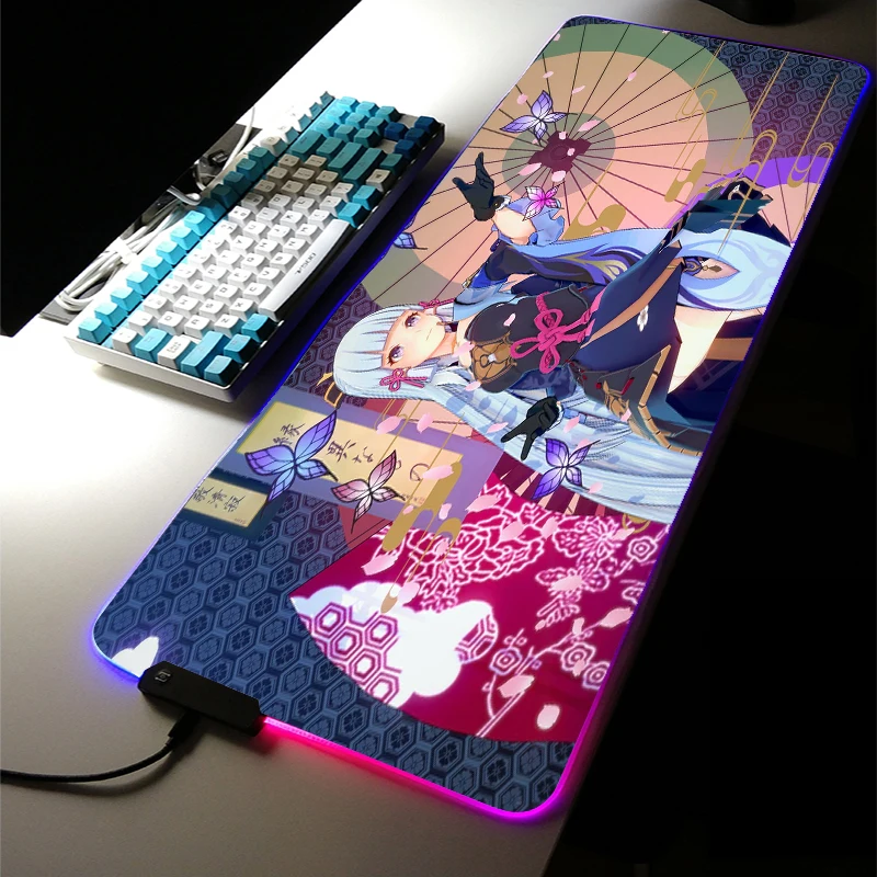 

RGB LED Light Gaming Accessories Led Anime MousePad Genshin Impact Ayaka Carpet Large Mechanica Keyboard Game LOL Room Desk Mat
