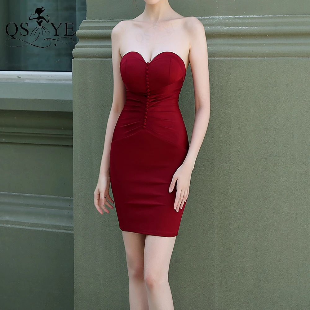 

QSYYE Burgundy Sheath Prom Dresses 2021 Elastic Ruched Evening Gown Buttons Sweetheart Formal Gowns Short Red Party Gown